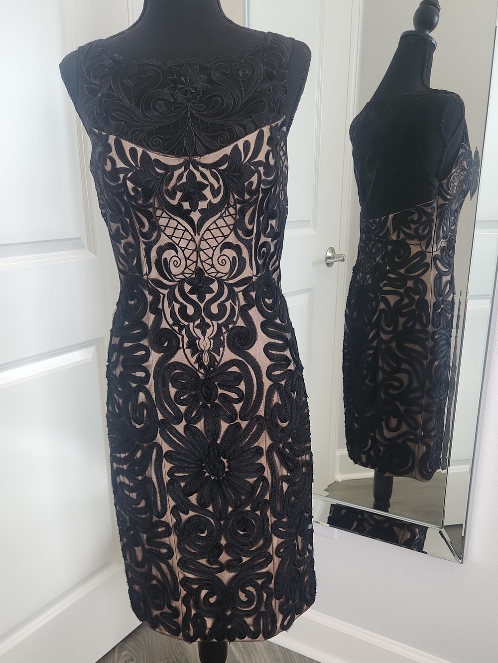 Sue Wong Black Embroidered Lace Midi Dress with Nude Underlay